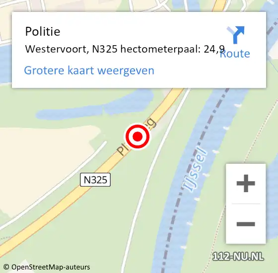 Locatie op kaart van de 112 melding: Politie Westervoort, N325 hectometerpaal: 24,9 op 23 augustus 2022 22:54