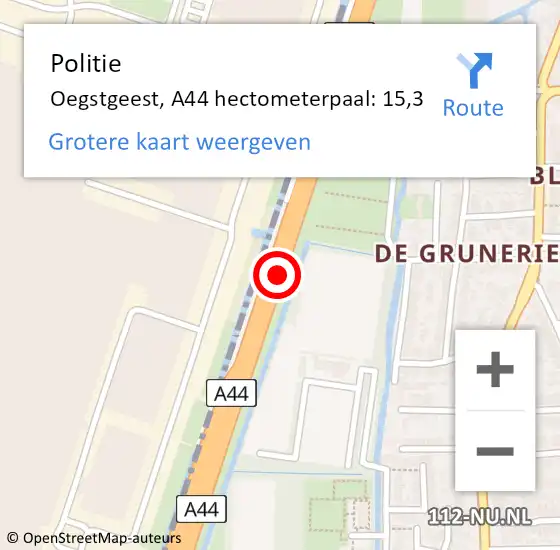 Locatie op kaart van de 112 melding: Politie Oegstgeest, A44 hectometerpaal: 15,3 op 24 augustus 2022 07:48