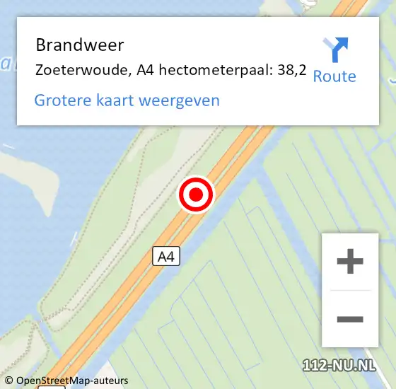 Locatie op kaart van de 112 melding: Brandweer Zoeterwoude, A4 hectometerpaal: 38,2 op 24 augustus 2022 08:15