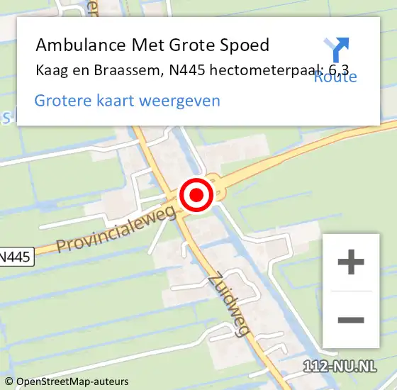 Locatie op kaart van de 112 melding: Ambulance Met Grote Spoed Naar Kaag en Braassem, N445 hectometerpaal: 6,3 op 24 augustus 2022 09:42