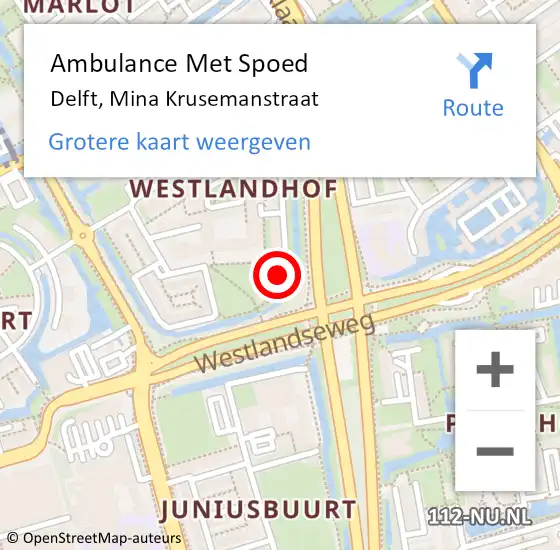 Locatie op kaart van de 112 melding: Ambulance Met Spoed Naar Delft, Mina Krusemanstraat op 24 augustus 2022 11:52