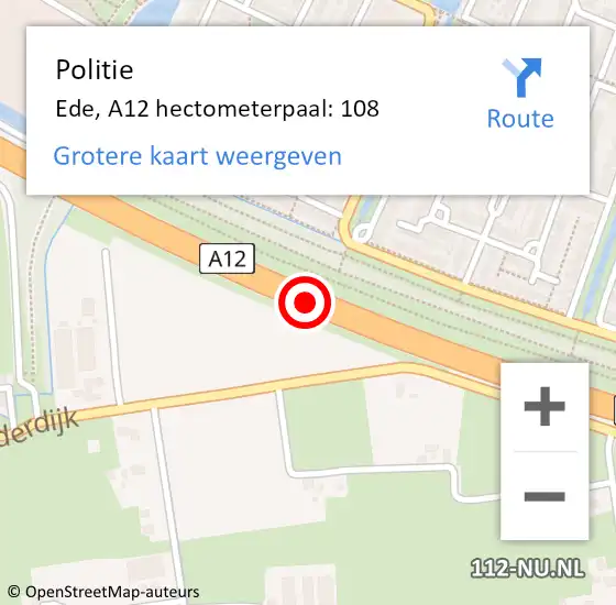 Locatie op kaart van de 112 melding: Politie Ede, A12 hectometerpaal: 108 op 24 augustus 2022 12:13