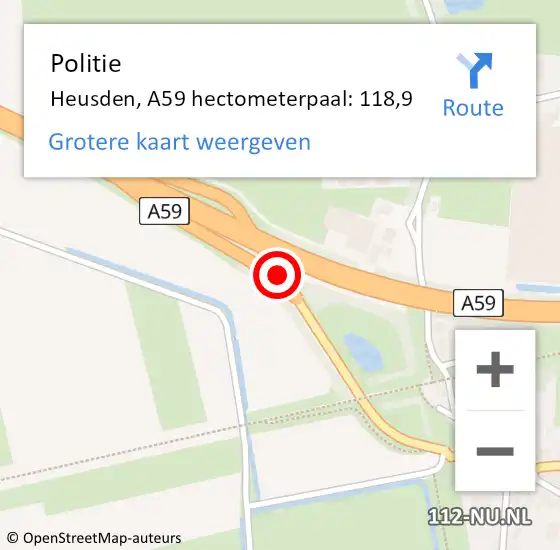 Locatie op kaart van de 112 melding: Politie Heusden, A59 hectometerpaal: 118,9 op 24 augustus 2022 12:24
