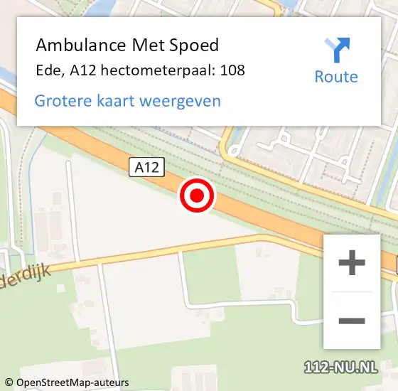Locatie op kaart van de 112 melding: Ambulance Met Spoed Naar Ede, A12 hectometerpaal: 108 op 24 augustus 2022 12:25