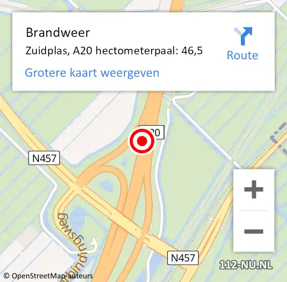 Locatie op kaart van de 112 melding: Brandweer Zuidplas, A20 hectometerpaal: 46,5 op 24 augustus 2022 12:34