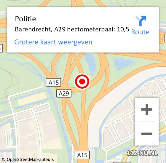 Locatie op kaart van de 112 melding: Politie Barendrecht, A29 hectometerpaal: 10,5 op 24 augustus 2022 12:45