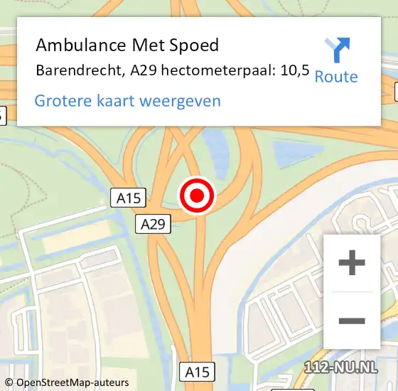 Locatie op kaart van de 112 melding: Ambulance Met Spoed Naar Barendrecht, A29 hectometerpaal: 10,5 op 24 augustus 2022 12:45