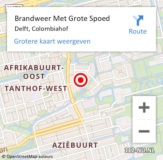 Locatie op kaart van de 112 melding: Brandweer Met Grote Spoed Naar Delft, Colombiahof op 24 augustus 2022 14:18