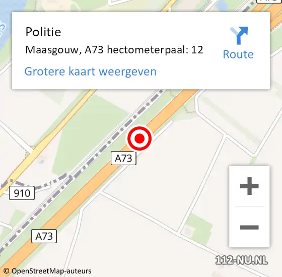 Locatie op kaart van de 112 melding: Politie Maasgouw, A73 hectometerpaal: 12 op 24 augustus 2022 16:06