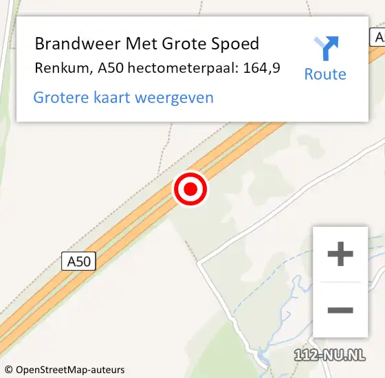 Locatie op kaart van de 112 melding: Brandweer Met Grote Spoed Naar Renkum, A50 hectometerpaal: 164,9 op 24 augustus 2022 16:28