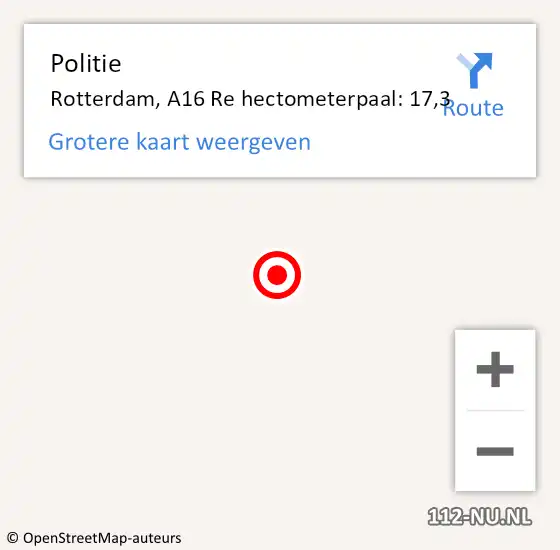 Locatie op kaart van de 112 melding: Politie Rotterdam, A16 Re hectometerpaal: 17,3 op 27 juli 2014 14:26