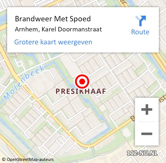 Locatie op kaart van de 112 melding: Brandweer Met Spoed Naar Arnhem, Karel Doormanstraat op 24 augustus 2022 22:46