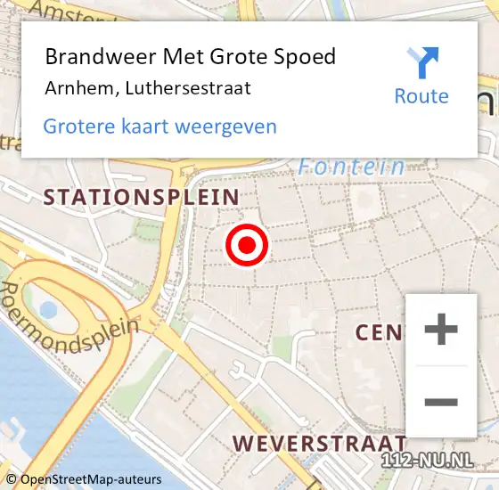 Locatie op kaart van de 112 melding: Brandweer Met Grote Spoed Naar Arnhem, Luthersestraat op 25 augustus 2022 00:34