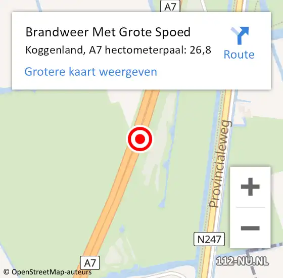 Locatie op kaart van de 112 melding: Brandweer Met Grote Spoed Naar Koggenland, A7 hectometerpaal: 26,8 op 25 augustus 2022 07:37