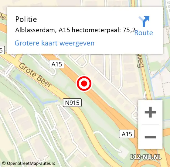 Locatie op kaart van de 112 melding: Politie Alblasserdam, A15 hectometerpaal: 75,2 op 25 augustus 2022 08:59