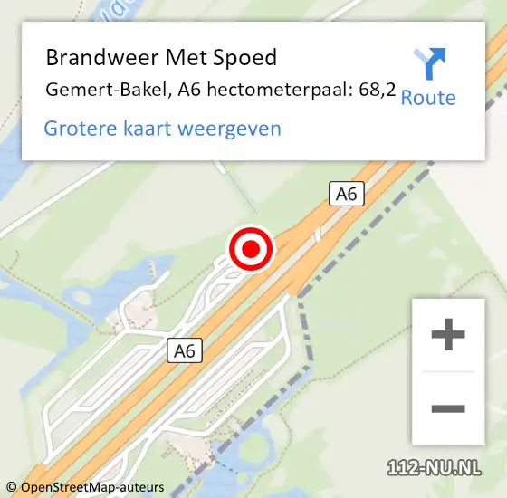 Locatie op kaart van de 112 melding: Brandweer Met Spoed Naar Gemert-Bakel, A6 hectometerpaal: 68,2 op 25 augustus 2022 11:37