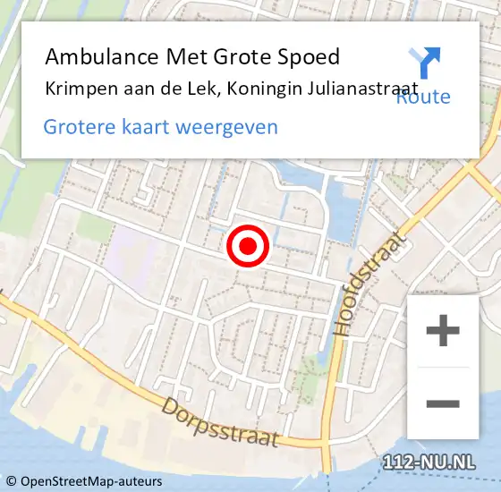 Locatie op kaart van de 112 melding: Ambulance Met Grote Spoed Naar Krimpen aan de Lek, Koningin Julianastraat op 25 augustus 2022 11:41