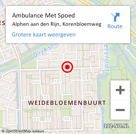 Locatie op kaart van de 112 melding: Ambulance Met Spoed Naar Alphen aan den Rijn, Korenbloemweg op 25 augustus 2022 14:08