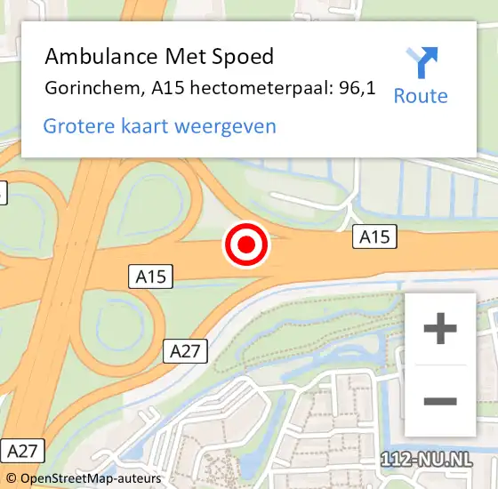 Locatie op kaart van de 112 melding: Ambulance Met Spoed Naar Gorinchem, A15 hectometerpaal: 96,1 op 25 augustus 2022 15:19