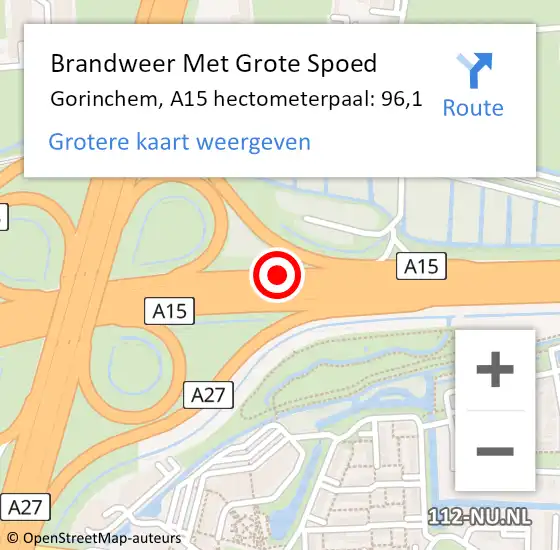 Locatie op kaart van de 112 melding: Brandweer Met Grote Spoed Naar Gorinchem, A15 hectometerpaal: 96,1 op 25 augustus 2022 15:34