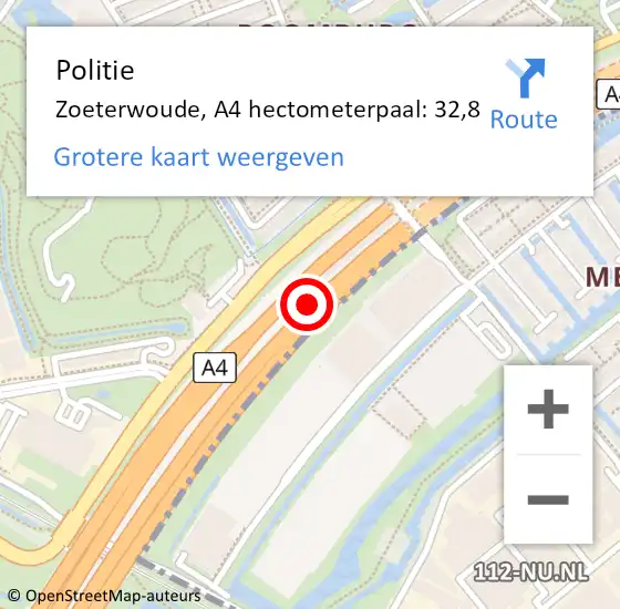 Locatie op kaart van de 112 melding: Politie Zoeterwoude, A4 hectometerpaal: 32,8 op 25 augustus 2022 17:09