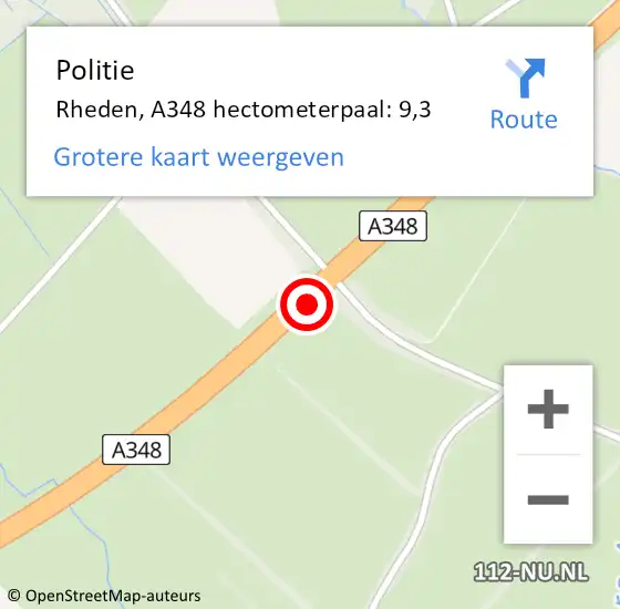 Locatie op kaart van de 112 melding: Politie Rheden, A348 hectometerpaal: 9,3 op 25 augustus 2022 17:14