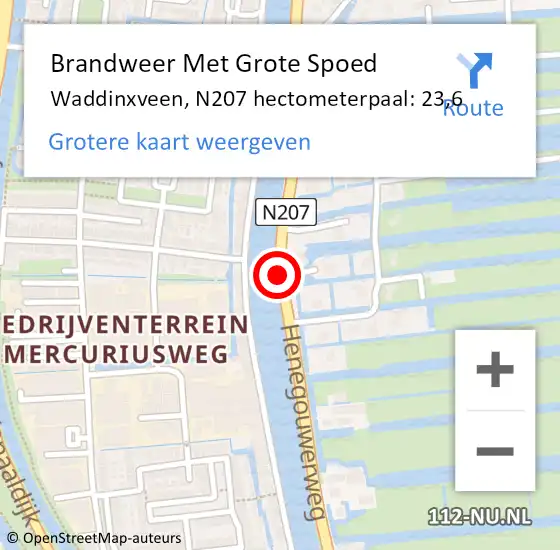 Locatie op kaart van de 112 melding: Brandweer Met Grote Spoed Naar Waddinxveen, N207 hectometerpaal: 23,6 op 25 augustus 2022 17:20