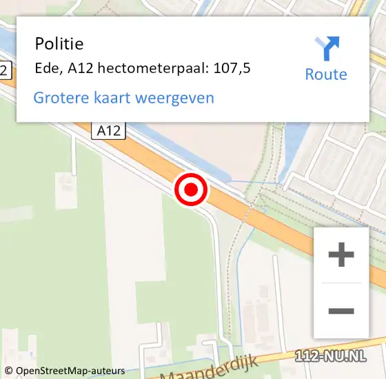 Locatie op kaart van de 112 melding: Politie Heumen, A12 hectometerpaal: 107,5 op 25 augustus 2022 17:26