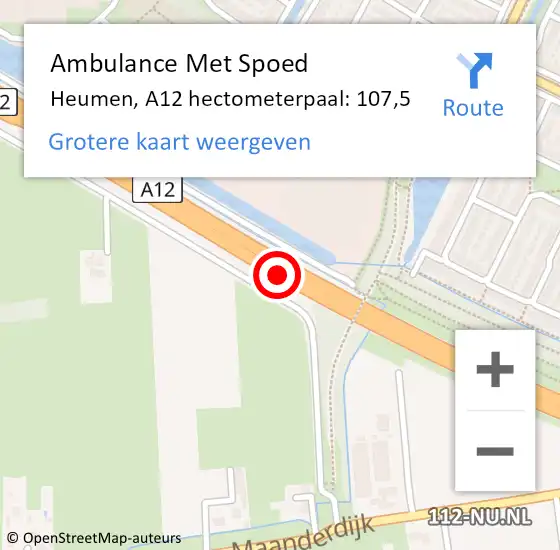 Locatie op kaart van de 112 melding: Ambulance Met Spoed Naar Heumen, A12 hectometerpaal: 107,5 op 25 augustus 2022 17:34