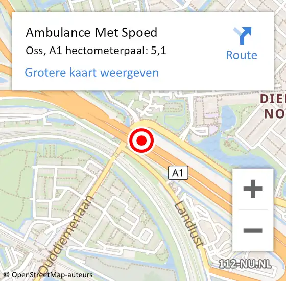 Locatie op kaart van de 112 melding: Ambulance Met Spoed Naar Oss, A1 hectometerpaal: 5,1 op 25 augustus 2022 18:05