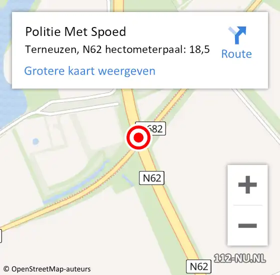 Locatie op kaart van de 112 melding: Politie Met Spoed Naar Terneuzen, N62 hectometerpaal: 18,5 op 25 augustus 2022 18:13