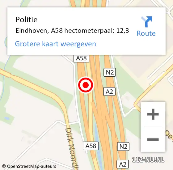 Locatie op kaart van de 112 melding: Politie Eindhoven, A58 hectometerpaal: 12,3 op 25 augustus 2022 20:10