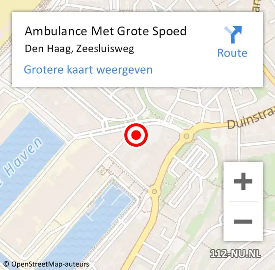 Locatie op kaart van de 112 melding: Ambulance Met Grote Spoed Naar Den Haag, Zeesluisweg op 25 augustus 2022 21:13