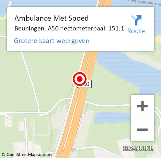 Locatie op kaart van de 112 melding: Ambulance Met Spoed Naar Beuningen, A50 hectometerpaal: 151,1 op 25 augustus 2022 21:30