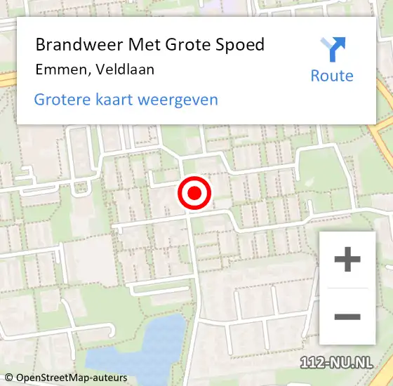 Locatie op kaart van de 112 melding: Brandweer Met Grote Spoed Naar Emmen, Veldlaan op 26 augustus 2022 00:34