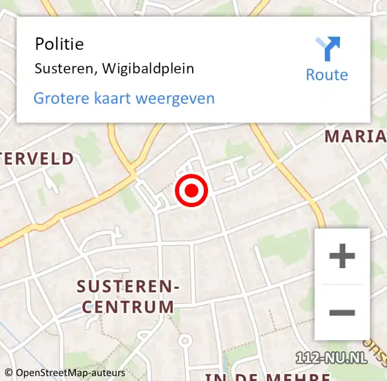 Locatie op kaart van de 112 melding: Politie Susteren, Wigibaldplein op 26 augustus 2022 01:24