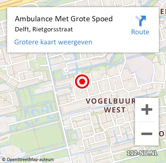 Locatie op kaart van de 112 melding: Ambulance Met Grote Spoed Naar Delft, Rietgorsstraat op 26 augustus 2022 01:28