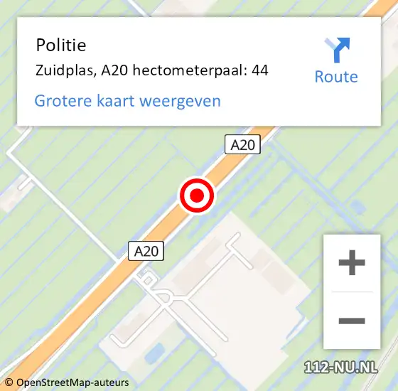 Locatie op kaart van de 112 melding: Politie Zuidplas, A20 hectometerpaal: 44 op 26 augustus 2022 03:23