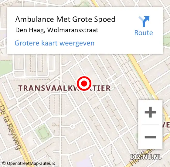 Locatie op kaart van de 112 melding: Ambulance Met Grote Spoed Naar Den Haag, Wolmaransstraat op 26 augustus 2022 08:17