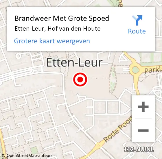 Locatie op kaart van de 112 melding: Brandweer Met Grote Spoed Naar Etten-Leur, Hof van den Houte op 26 augustus 2022 10:08