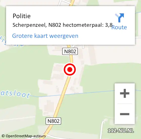Locatie op kaart van de 112 melding: Politie Scherpenzeel, N802 hectometerpaal: 3,8 op 26 augustus 2022 13:43