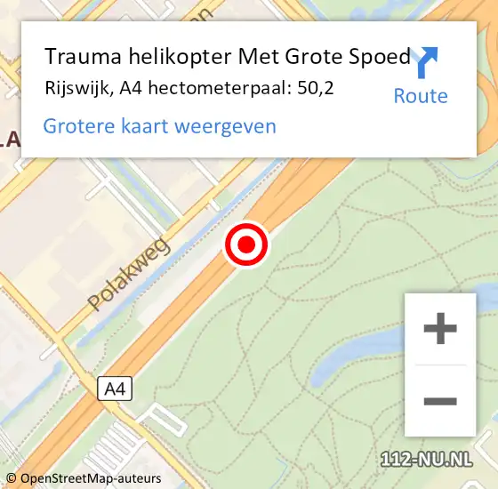 Locatie op kaart van de 112 melding: Trauma helikopter Met Grote Spoed Naar Rijswijk, A4 hectometerpaal: 50,2 op 26 augustus 2022 13:50
