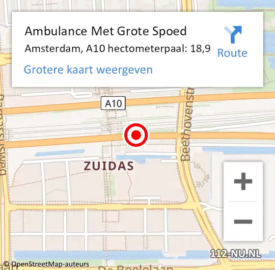 Locatie op kaart van de 112 melding: Ambulance Met Grote Spoed Naar Amsterdam, A10 hectometerpaal: 18,9 op 26 augustus 2022 14:34