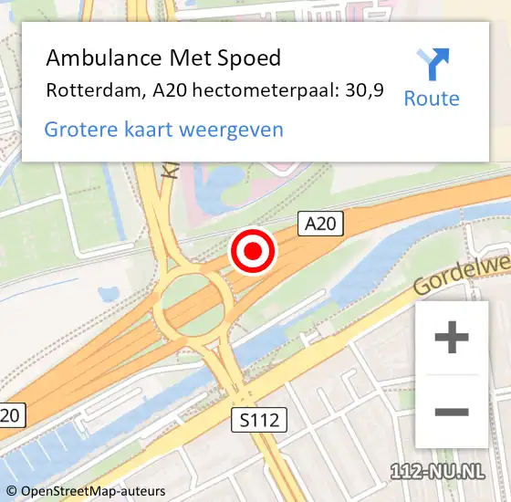 Locatie op kaart van de 112 melding: Ambulance Met Spoed Naar Rotterdam, A20 hectometerpaal: 30,9 op 26 augustus 2022 15:22