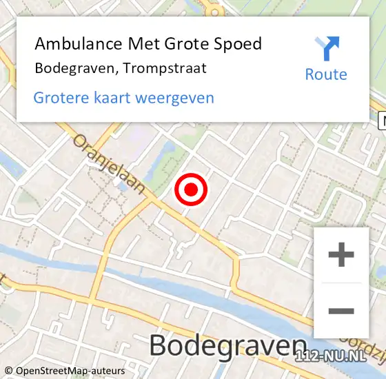 Locatie op kaart van de 112 melding: Ambulance Met Grote Spoed Naar Bodegraven, Trompstraat op 26 augustus 2022 15:38