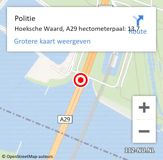 Locatie op kaart van de 112 melding: Politie Hoeksche Waard, A29 hectometerpaal: 13,7 op 26 augustus 2022 17:31