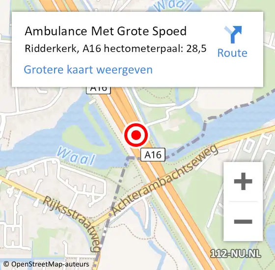 Locatie op kaart van de 112 melding: Ambulance Met Grote Spoed Naar Ridderkerk, A16 hectometerpaal: 28,5 op 26 augustus 2022 18:00