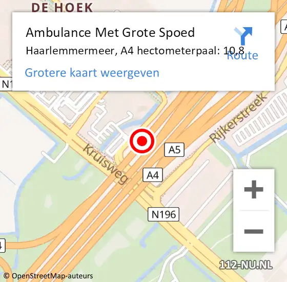 Locatie op kaart van de 112 melding: Ambulance Met Grote Spoed Naar Haarlemmermeer, A4 hectometerpaal: 10,8 op 26 augustus 2022 18:21