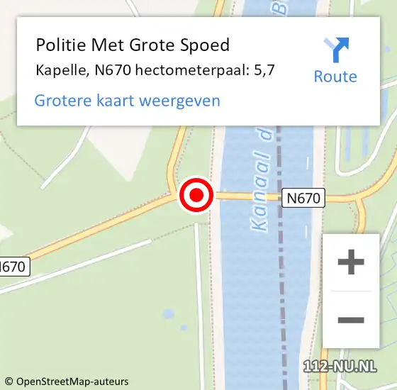 Locatie op kaart van de 112 melding: Politie Met Grote Spoed Naar Kapelle, N670 hectometerpaal: 5,7 op 26 augustus 2022 19:23