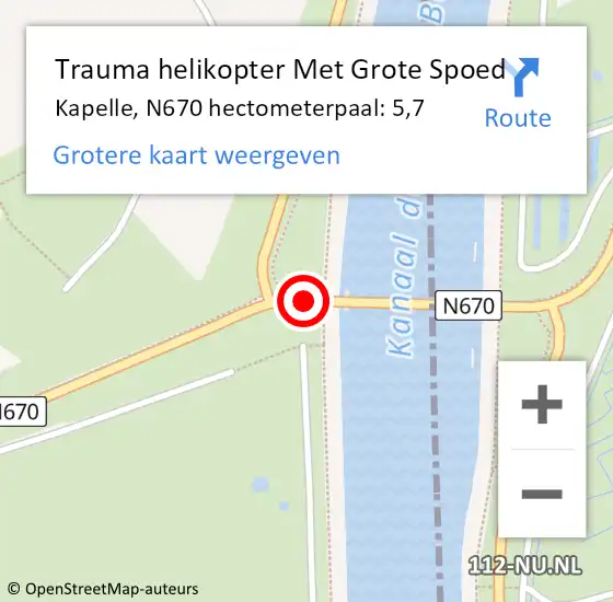 Locatie op kaart van de 112 melding: Trauma helikopter Met Grote Spoed Naar Kapelle, N670 hectometerpaal: 5,7 op 26 augustus 2022 19:24